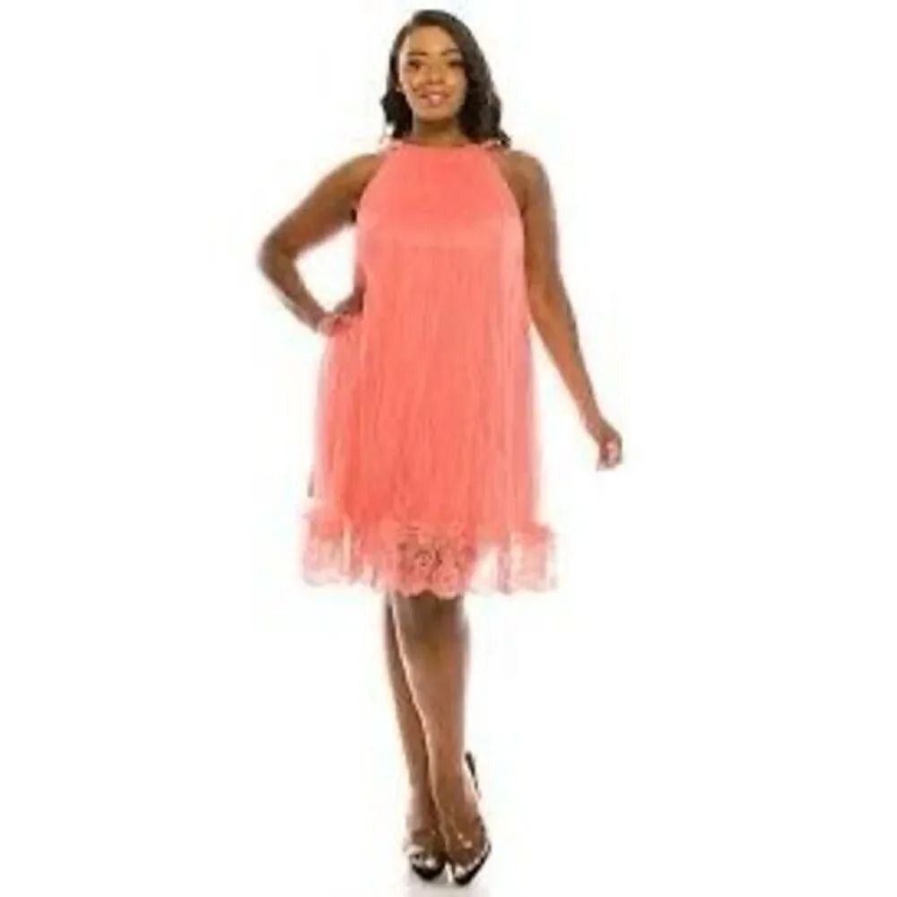 Adrianna Papell 10 High Neck Sleeveless Cocktail Dress Coral Pink Lace Overlay